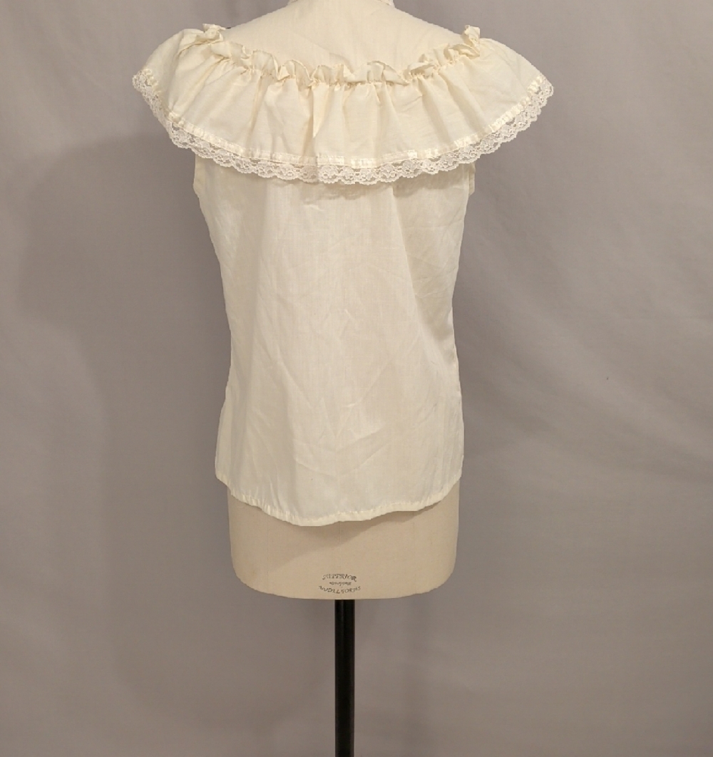 Gunne Sax Vintage Lace-Trim Ruffle High-Neck Shell Top - Cream Sleeveless - Picture 4 of 7